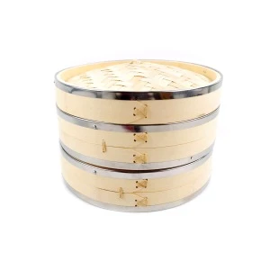 2-Tier Dumpling Steamer Bamboo Steamer with Steel Rings for Chinese food