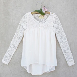 2017 Girls Spring Long Sleeve Lace Tops Children White T Shirt