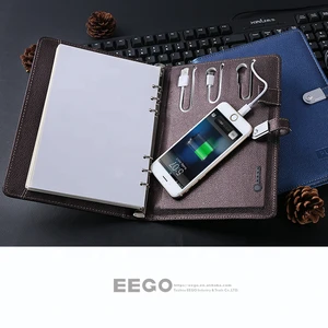 2018 business gifts pu loose leaf notebook, dairy with power bank, notebook with wire and wireless charger
