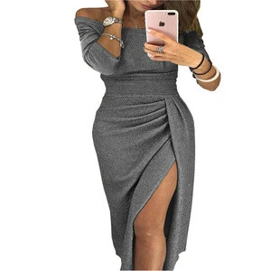 2019 New Off-Shoulder Dress Glitter Shiny Sexy Women Evening Dress  Women Clothing Dresses