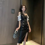 2021 Korean New Hepburn Style Split Slim Dress Prom Off Shoulder Sexy Dress Evening Dresses for Woman