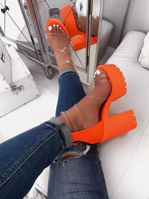 2021 New Arrivals Women Chunky Heel Platform Casual Transparent Sandals Ladies Square Slides Footwear Sexy Women High Heel Shoes