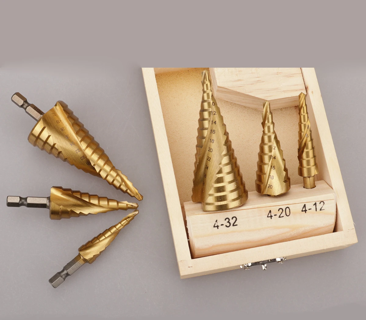 3PCS Step Drill Bit Set HSS Titanium Coated Spiral Grooved Drill Bits with Hex Shank Automatic Spring Loaded Center Punch