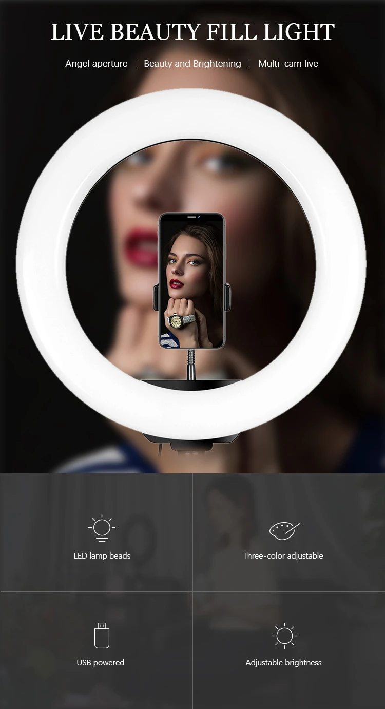 8 inch 20CM Selfie Circle Led Beauty Live Ring Light with Phone Holder 3 Modes 10 Brightness Levels LED Filling Lamp