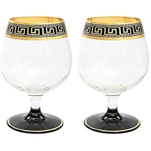 ArtDecor Cognac-2, 2 Pieces Brandy Glasses with Greek Key Design, Cognac Snifter, Clear/Gold/Black