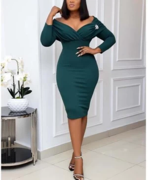 Autumn Chic Style V Neck Pencil African Women Office Career Dress