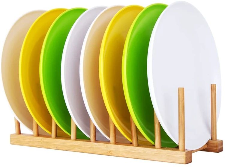 Bambu Wholesale Existing Stock Premium Bamboo Dish Drying Rack with 9 Slots for Plate, Pot Lid, Bowl, Cup