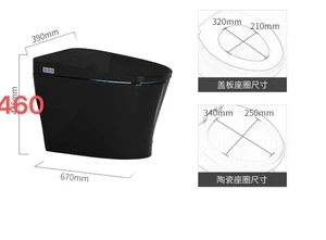 Black intelligent toilet with complete function: heated cover, bidet sprayer, drying, automatic or remote flushing