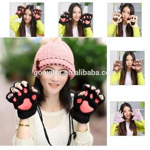 Cheap Winter Warm Half Finger Touchscreen Gloves Women Plush Animal Bear Paw Glove Lovely
