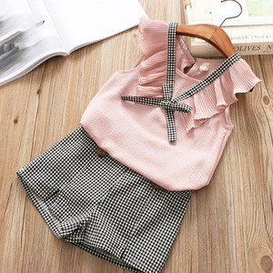 children&#039;s boutique clothing girls summer Korean chiffon vest plaid shorts two-piece clothing sets