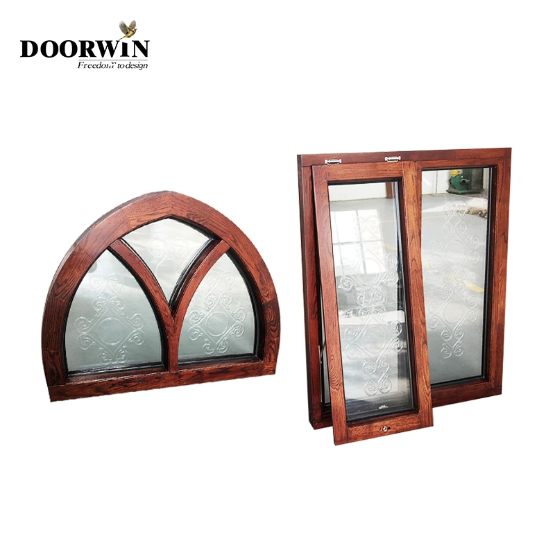 China factory grill design arch double  figured glass tilt and turn aluminum wood window
