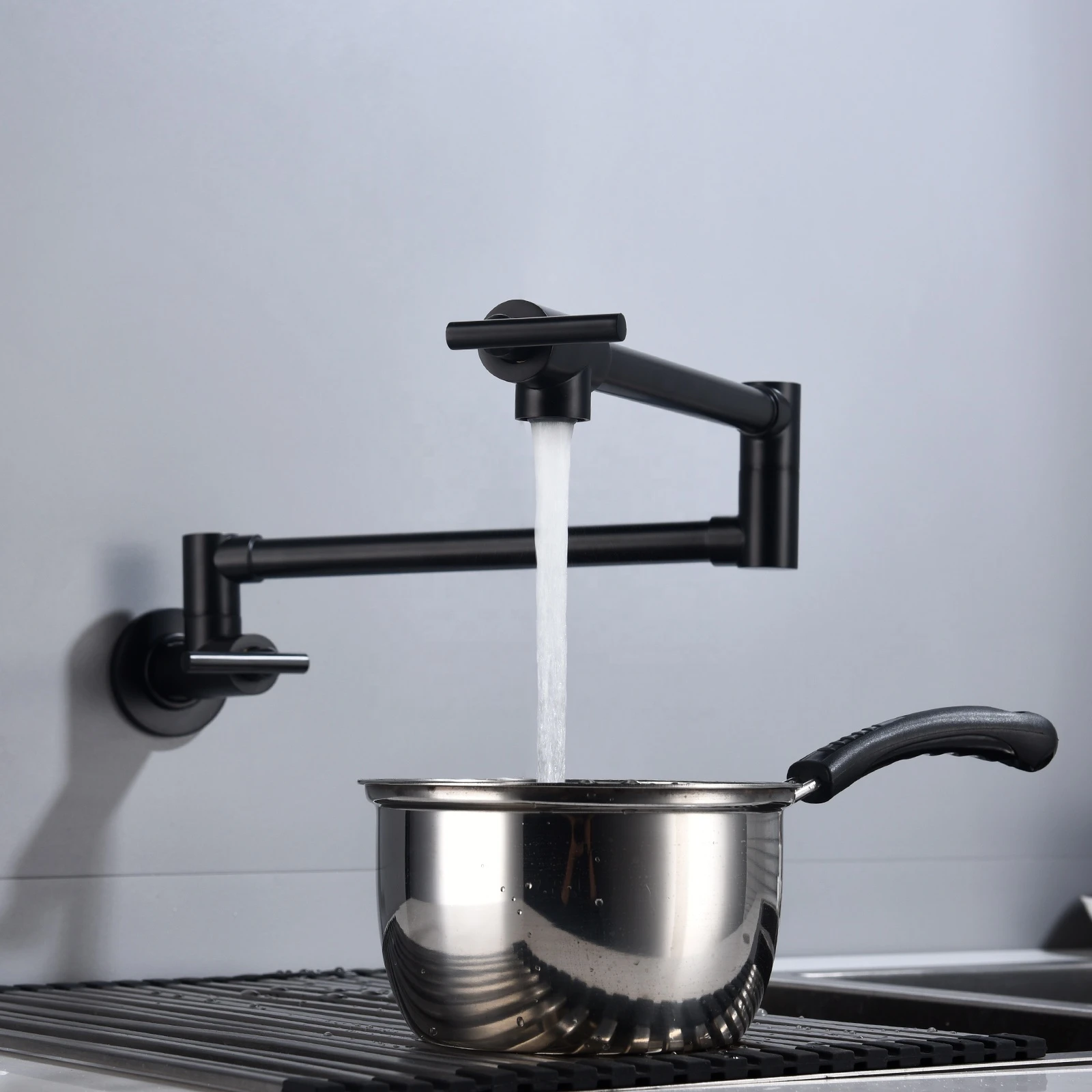 Ciencia Brass Kitchen Pot Filler Folding Faucet Double Joint Swing Arm Sink Faucet Wall Mount Two Handle Black NPT1/2 CT171B