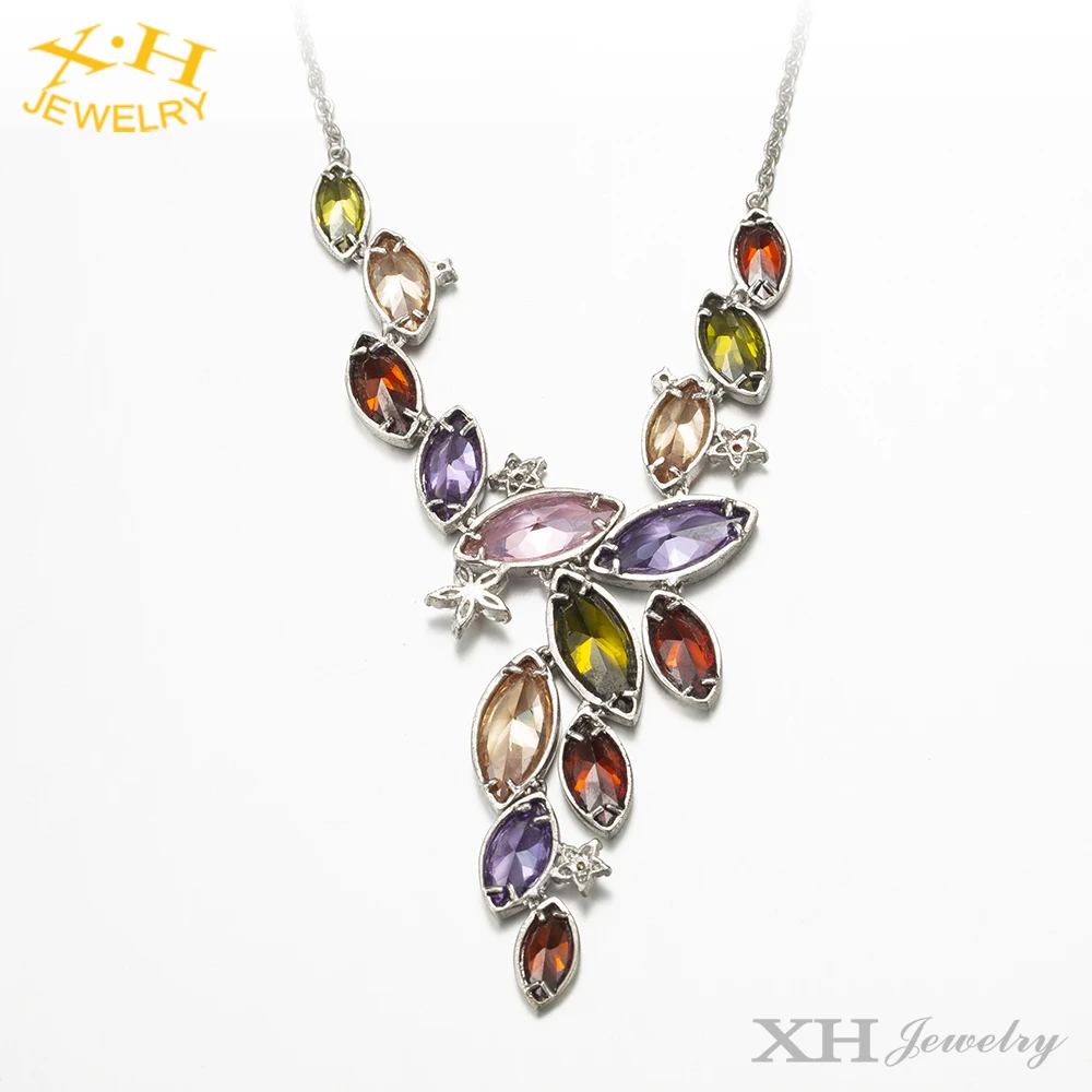 Colorful Marquise Y Shape CZ Drop Pendant Statement Necklace Rhodium Plating Woman Fashion Costume Jewelry