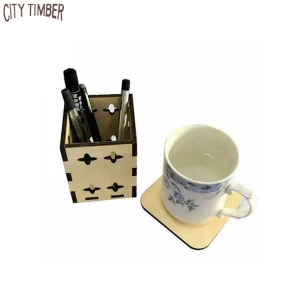creative desktop decoration assembled wood pen holder container with wood cup coaster set
