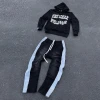 Custom Acid Washed Vintage Embroidery Patchwork Graphic Distressed Ribbed Oversized Hoodie And Sweatpants Set Tracksuits For Men