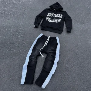 Custom Acid Washed Vintage Embroidery Patchwork Graphic Distressed Ribbed Oversized Hoodie And Sweatpants Set Tracksuits For Men
