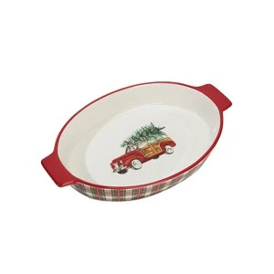 Custom Colorful Christmas Card Red Oval Ceramic Porcelain Bakeware Baking Pans Tray