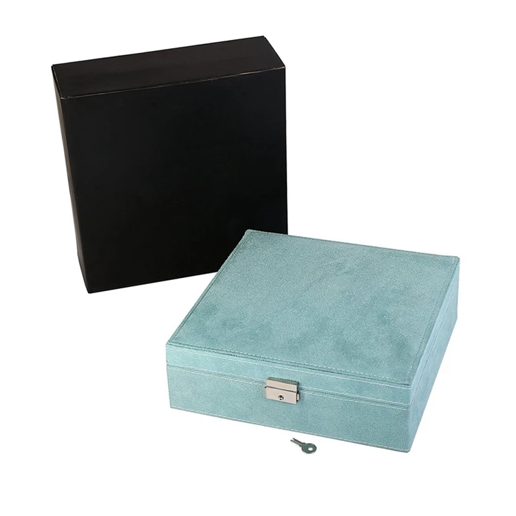 Custom Logo 2 Layers Pu Leather Travel Case Jewelry Packaging Box With Grid,Sky Blue Leather Lint Jewelry Storage Display Box