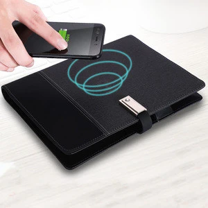 Custom logo PU leather 8000mah wireless charger power bank Notebook with USB flash drive for gift