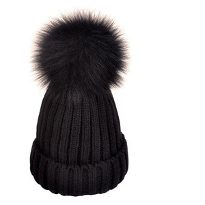 Custom real fur pom pom winter hat with detachable pompom beanie 100 soft acrylic ribbed beanie tuque