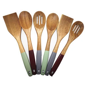 Custom wholesale 6 pieces non-stick eco-friendly natural acacia wooden kitchen cooking utensils set with colorful print handle
