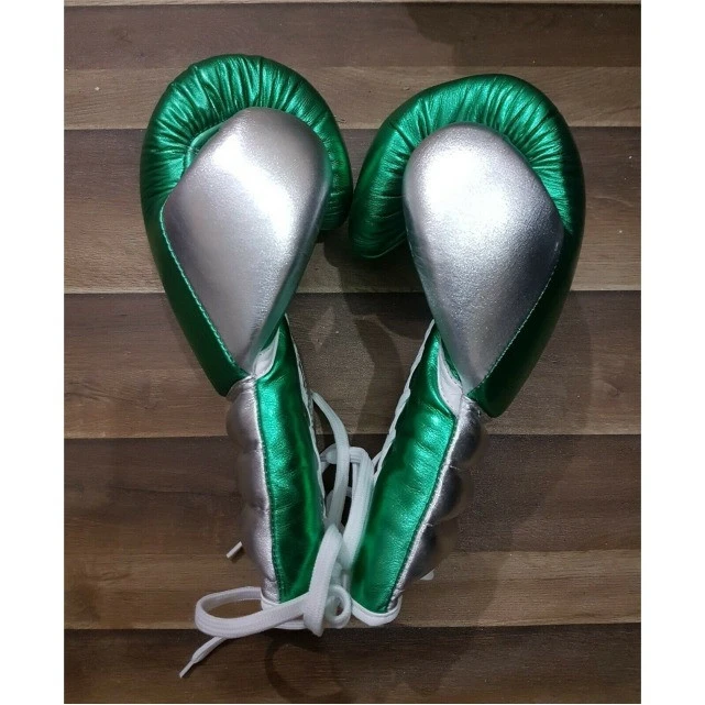 Customised Logo Shine Green SIlver Leather Sparring , Training &amp; Competition Boxing Gloves For Pro Fighters MMA