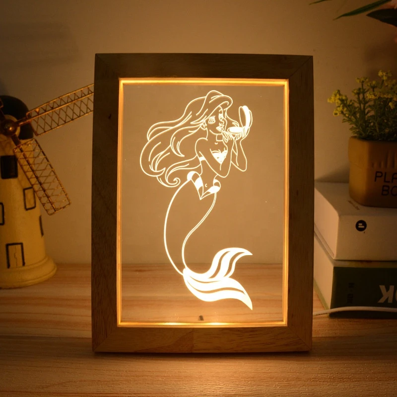 customized decorative Creative 3D Acrylic Wood Led USB photo frame night light