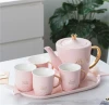 Customized high quality 4 person tea set  pink color tea pot ceramic coffee set with tray