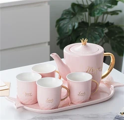 Customized high quality 4 person tea set  pink color tea pot ceramic coffee set with tray