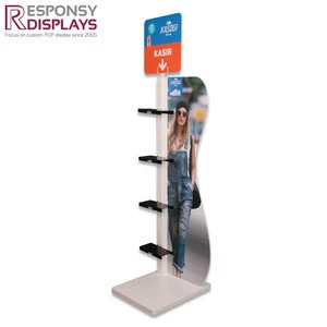 Customized POP POS floor metal shoes store display racks with PVC graphic panel