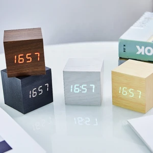 digital alarm clock wood LED light mini modern cube desk alarm clock displays time date temperature for kids bedroom home