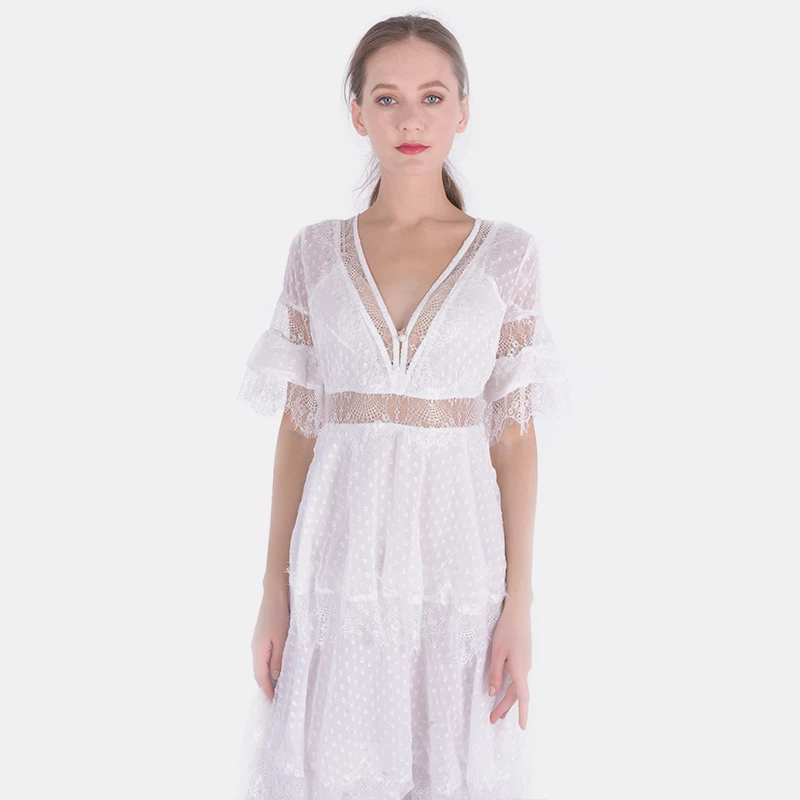 Distinctive white lace maxi dress women lady elegant girl dresses