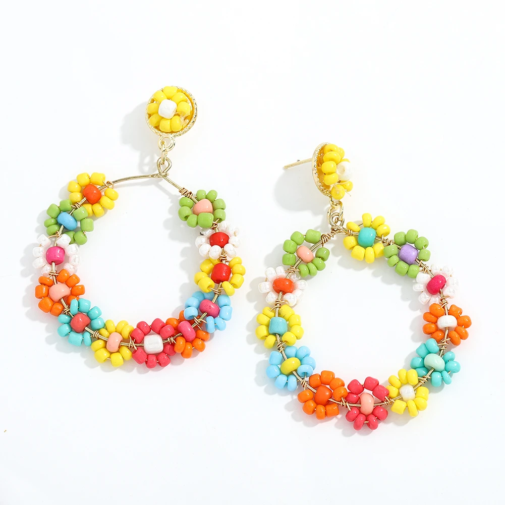 Dvacaman 2021SS Trendy Bohemian Multicolored Flower Gold Hoop Handmade Drop Beaded Earrings Jewelry Women Spring Wholesale