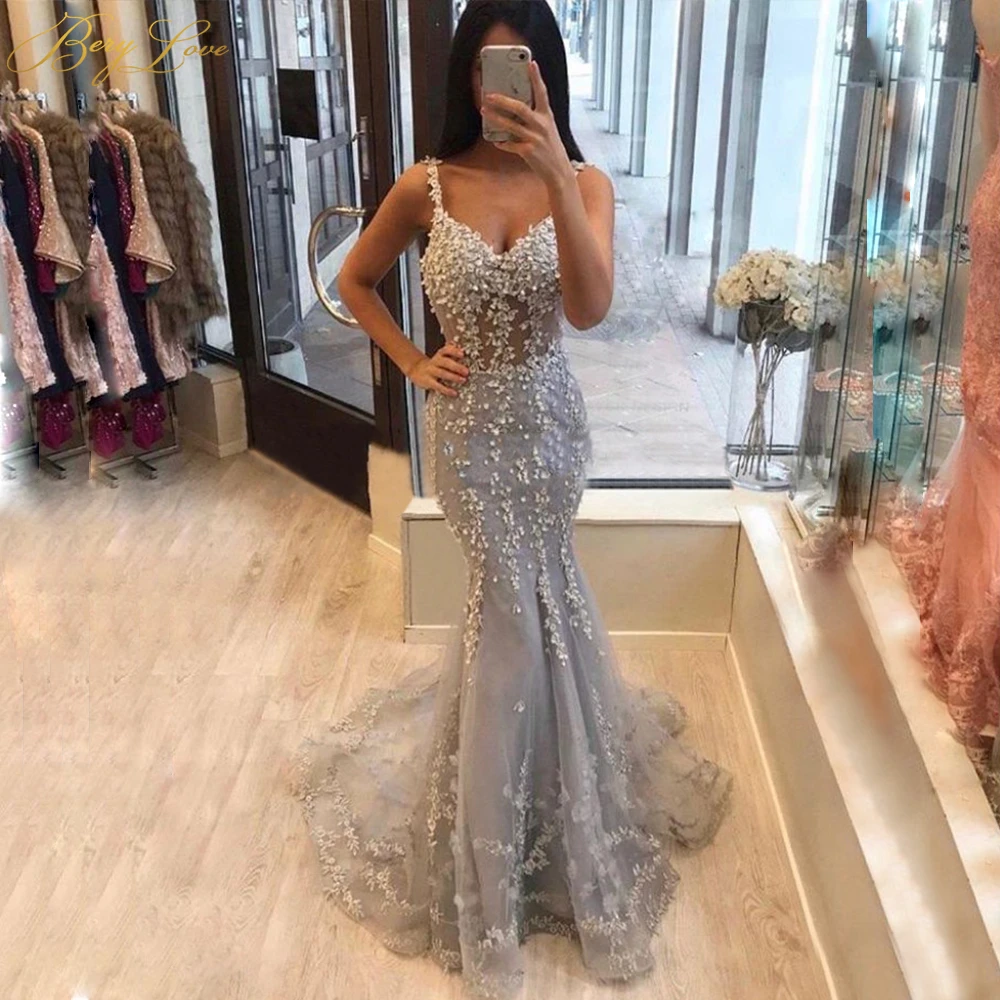 ELPR0000705 Spaghetti Straps Lace Mermaid evening Dresses Tulle Lace Applique Evening Gowns