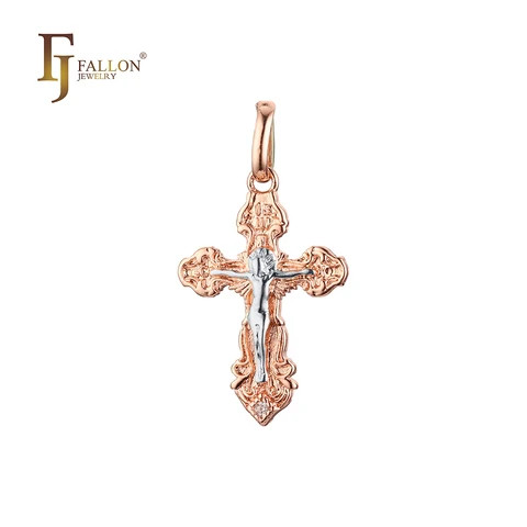 F96201173-01 FJ Fallon Fashion Jewelry Catholic cross budded pendant Plated in Rose Gold two tone brass based