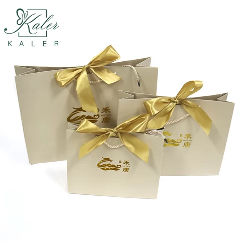 fancy  golden foil eco friendly shopping gift bag packaging  custom logo printed large paper shopping bags with ribbon
