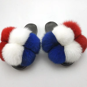 Fox fur pom pom slides real raccoon fur ball slippers fur fashion women summer sandals