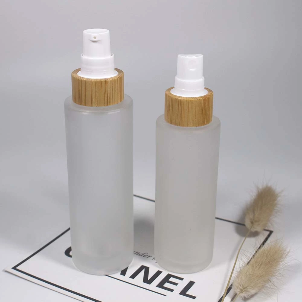Glass Frosted bamboo cover bottle and jar ,lotion pump and spray pump bottle  cosmetics packaging