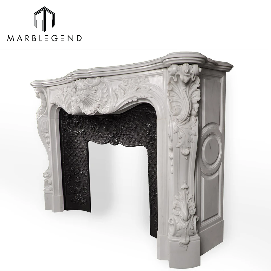 hand carving natural stone Victorian style white marble fireplace mantel
