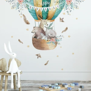 Happy birthday cartoon animal hot air balloon home wall decals