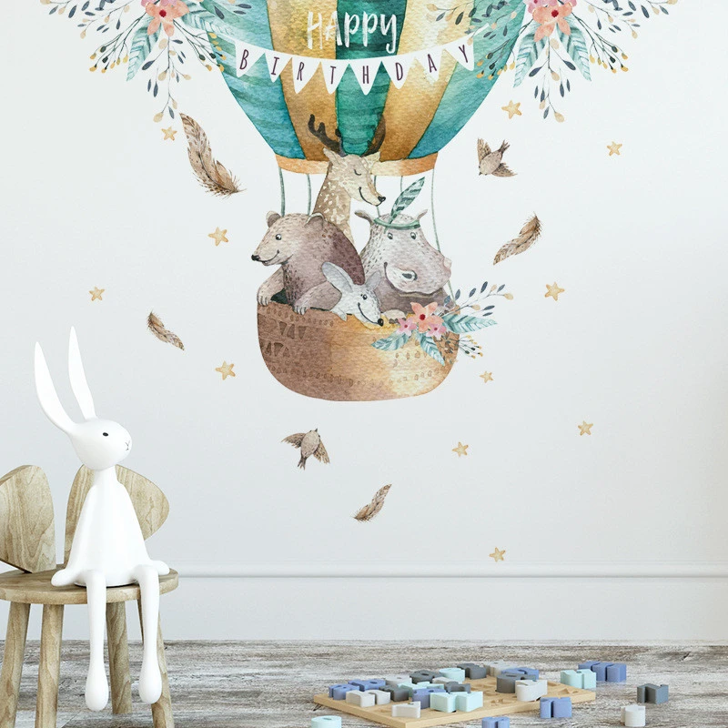 Happy birthday cartoon animal hot air balloon home wall decals