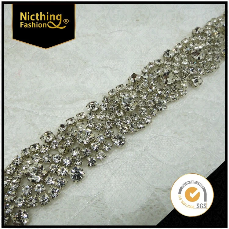 High quality Bridal dress crystal applique glass beaded trim wholesale handmade wedding bridal rhinestone crystal belt NRT-063