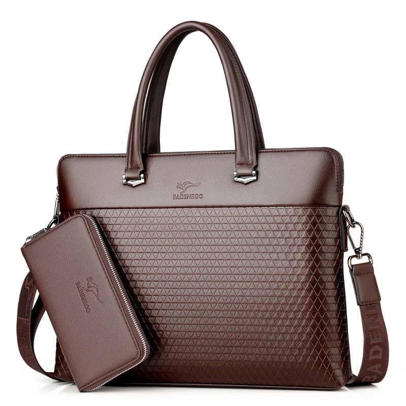 High Quality Men&#x27;s PU Leather Laptop Plaid Tote Shoulder Briefcase with Zipper PU Men Business Handbag Bags