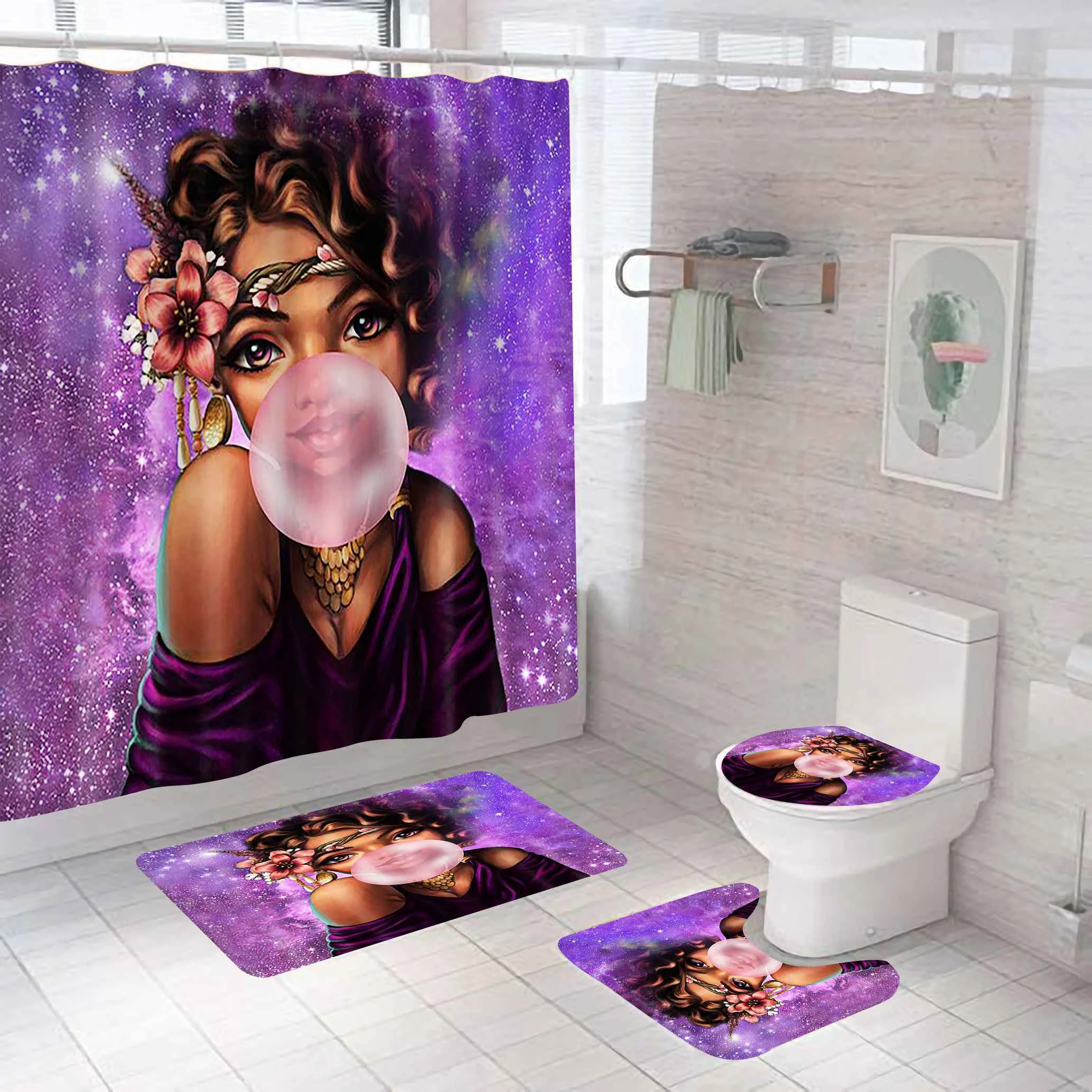 High quality wholesale funny purple african black girl shower curtain set for bathroom
