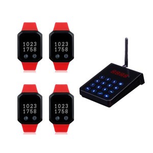 High Quality Wireless kitchen Service Restaurant Equipment 1 Keypad and 4 Watch Chef Remote Call Waiter Watch Pager