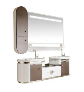 Hign quality big size bathroom furniture set bathroom cabinet vanity with LED mirror two basins on sale