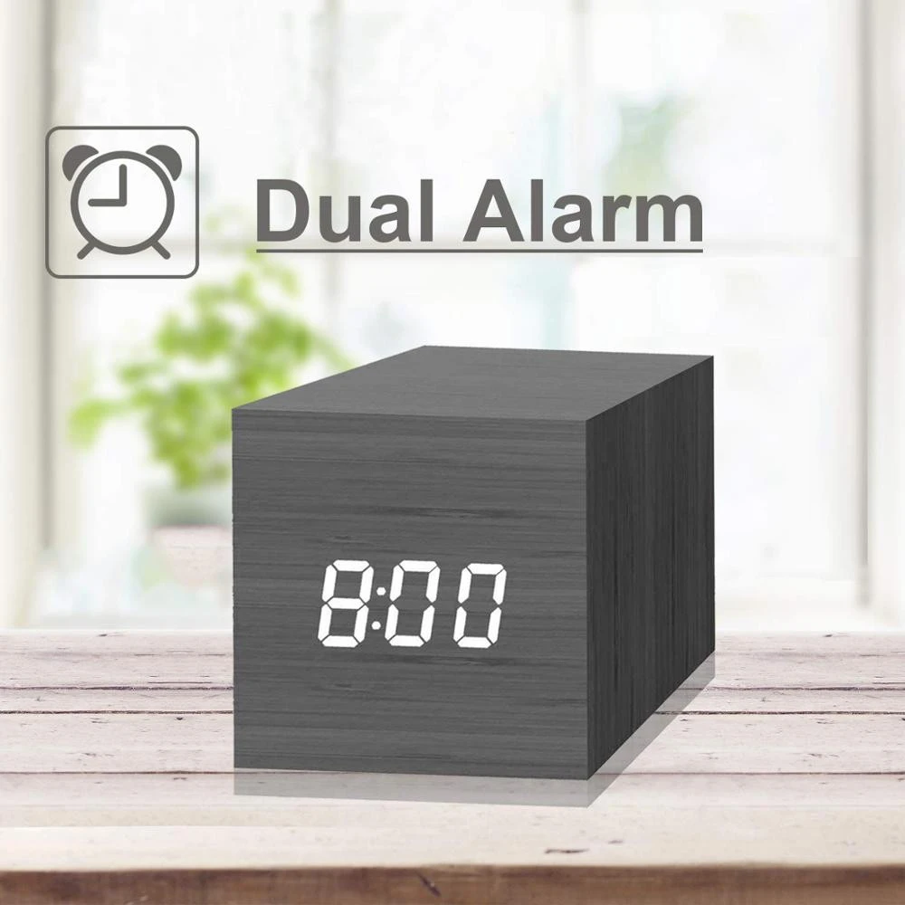 Home Desk Digital Table Clock With Temperature Wooden LED Alarm Clock For Bedroom