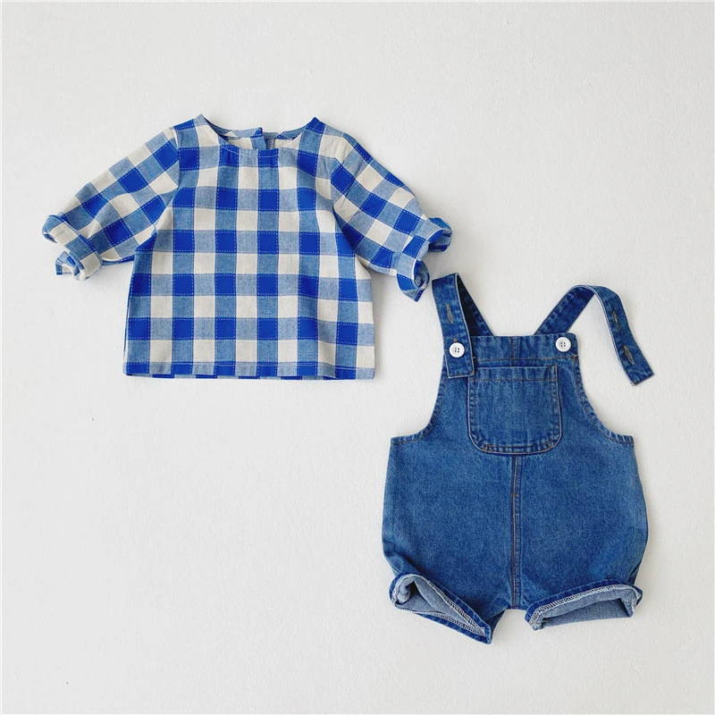 Ins Autumn New Baby Plaid Long-Sleeved Shirt Boys And Girls Denim Strap Shorts Two-Piece Clothing Sets Baby Suit Kids Clothes