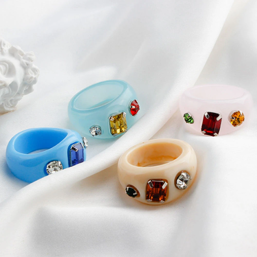 Korean style punk design plastic acrylic resin rhinestone beads paving rings jewelry unisex