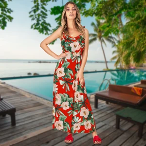 L149  Womens Sleeveless V Neck Tie Up Spaghetti Strap Beach Boho Tropical Summer Maxi Dress